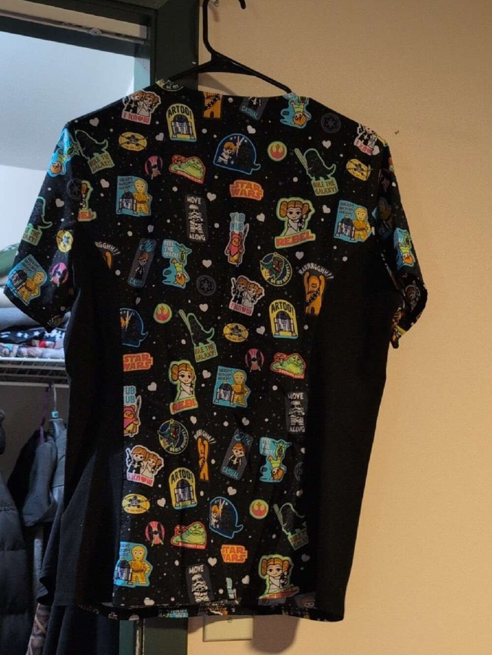Star Wars Black Short Sleeve Women's Graphic Tee with Multicolor Patches. - Picture 2 of 3